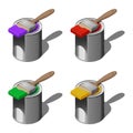 Set of four cans of colored oil paint with a paint brush at the top, isometric isolated vector drawing Royalty Free Stock Photo